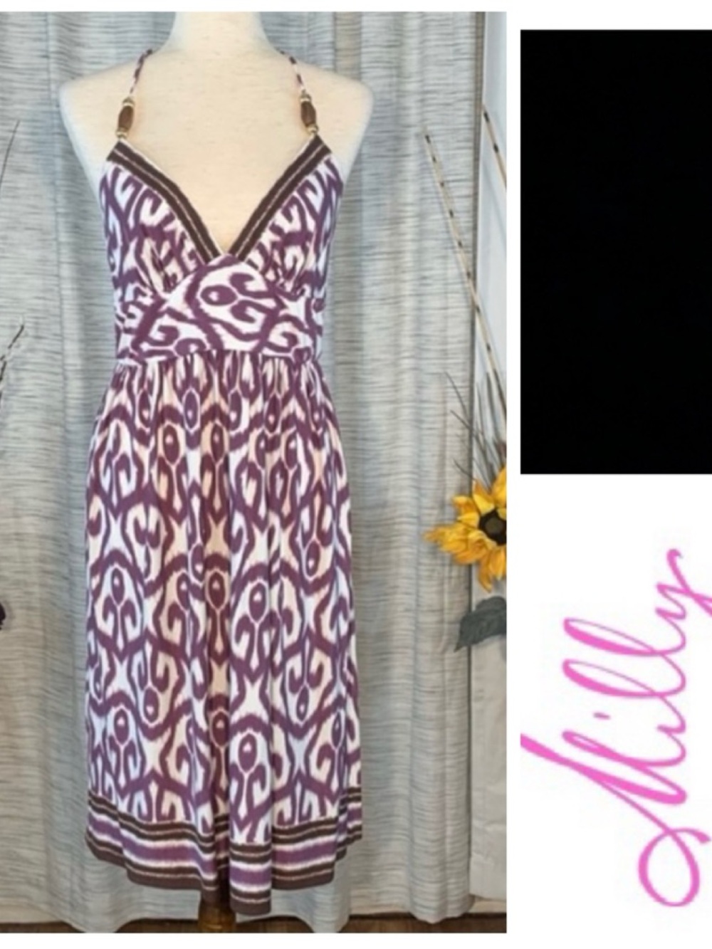 Milly Original white and purple abstract design halter dress.